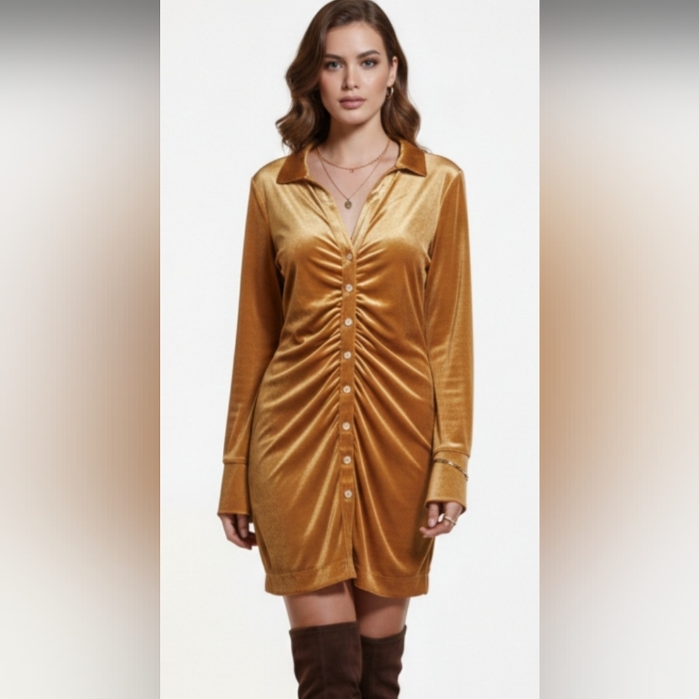 Free People Mustard Gold Shimmering Velvet Ruched Mini Dress Like New
